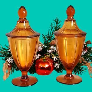 Vintage Mid Century Cambridge Amber Glass Compote Candy Dishes Pair - 8.5" Tall